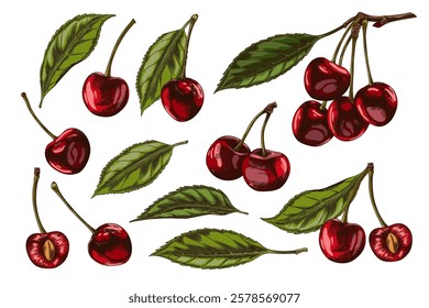 Cherry sprigs with berries and leaves color sketch. Hand drawn fresh ripe red fruit. Summer garden food plant, juicy organic dessert, farm harvest. Vector floral illustrations set isolated