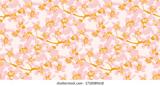 Cherry spring branch blossom flowers seamless pattern for background, fabric, textile, wrap, surface, web and print design.