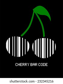 Cherry with stem and one leaf bar-code symbol. White and green color bar code sign design. food shop concept, vector art image illustration, isolated on black background