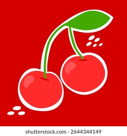 Cherry sticker cartoon wuth white outline. Fruity illustration. Food element. Can be used for wallpaper, sticker and print