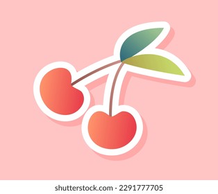 Cherry sticker concept. Red berries on branch with leaves. Fresh and juicy natural and organic product. Healthy eating and vegetarian diet. Cartoon flat vector illustration