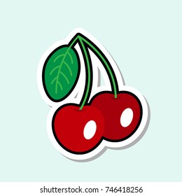 Cherry Sticker On Blue Background Colorful Fruit Icon Vector Illustration