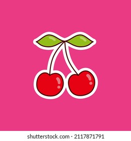 Cherry sticker, vector illustration, line, berries and leaves 