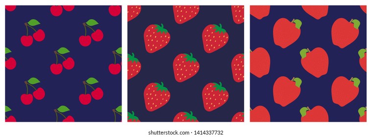 Cherry, strawberry and apple. Fruit and berry seamless pattern set. Fashion design. Food print for clothes, linens or curtain. Hand drawn vector sketch background collection