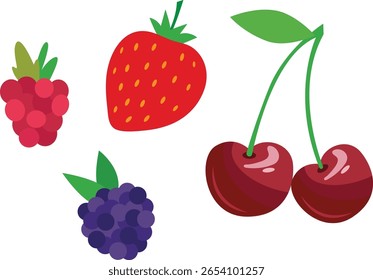 Cereja, morango, amora-preta, framboesa, amora-preta, ilustração vetorial
