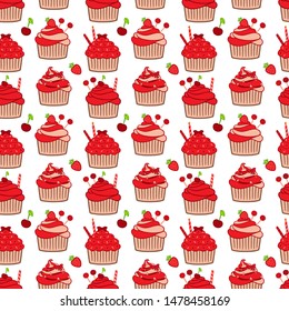 Cherry and strawberry cupcakes seamless pattern. Red cute cupcakes set