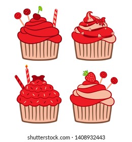 Cherry and strawberry cupcakes set. Red cute cupcakes with isolated elements: cherry, strawberry, waffle roll, bow, lollipop, candle
