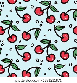 Cherry and strawberry fruit seamless pattern. Summer berries, fruits with leaves, vector background. Hand drawn doodle illustration for cover, fabric, wallpaper texture, backdrop, wedding invitation