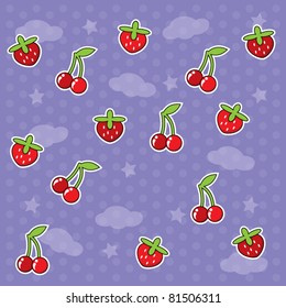 Cherry and strawberry fruits background pattern vector illustration