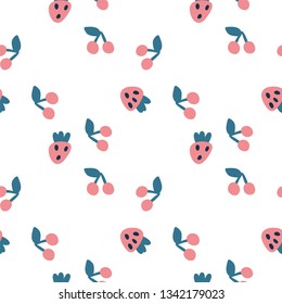 Cherry and strawberry hand drawn seamless vector pattern. Doodle berries print isolated on white background