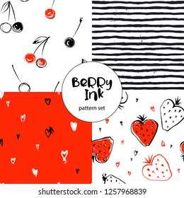 Cherry Strawberry Hearts Stripes red black seamless pattern set with ink brush texture, perfect for romantic Valentines Day and kids design