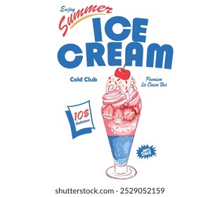 Cherry and strawberry ice cream design. Enjoy summer with sweet ice cream. Fresh ice cream graphic print design for t shirt, posters, background and others. Retro ice cream hand drawn vector art.