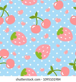 Cherry and Strawberry pattern, cute heart fruit cartoon seamless background with dot, Vector illustration
