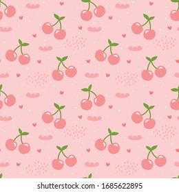 Patrón de cereza y fresa, tira cómica de frutas del corazón sin fisuras con punto, ilustración vectorial
