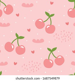 Cherry and Strawberry pattern, cute heart fruit cartoon seamless background with dot, Vector illustration