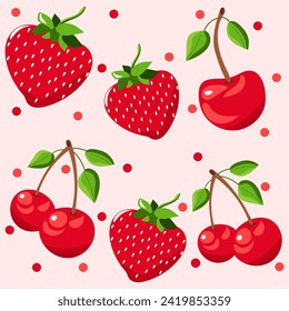 Cherry and strawberry pattern with red dots on pink background. Delicious berry. Hand drawn vector illustration for cards, business, banners, textile, wallpaper, wrapping	