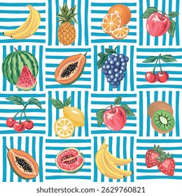 Cherry, strawberry, pineapple, apple, kiwi, orange, grape, banana, watermelon, lemon, papaya seamless pattern.. Summer exotic print.