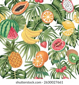 Cherry, strawberry, pineapple, guava, kiwi, orange, banana, watermelon, lemon, papaya, palm leaves seamless pattern.. Summer tropical floral exotic print.
