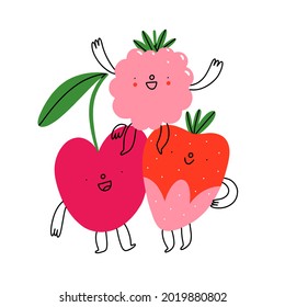 Cherry, strawberry and raspberry cute cartoon characters, vector berries illustration, isolated on white background