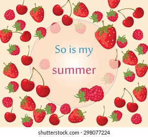 Cherry, strawberry and raspberry Summer background fruits. Vector