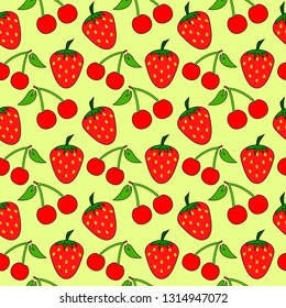 Cherry and strawberry seamless pattern with yellow background