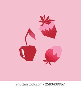 Cherry, strawberry, a set of stickers isolated on a pink background. Flat vector illustration, romantic fruit food collection