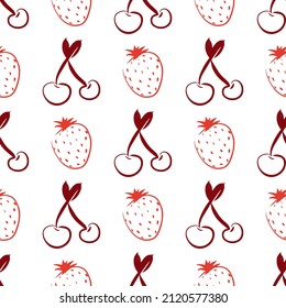 Cherry and strawberry vector seamless pattern illustration. Fruits background. Lineart hand drawn backdrop.