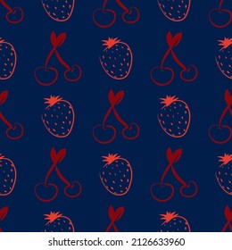 Cherry and strawberry vector seamless pattern illustration. Fruits background. Lineart hand drawn backdrop.