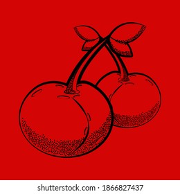 Cherry in the style of doodles on a red background. Vector illustration.