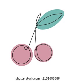 Cherry in the style of line art with colored spots. vector illustration