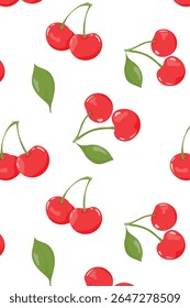 Cherry summer pattern on white background. Simple seamless pattern with cherries. Vector design for greeting card and invitation for seasonal summer holidays