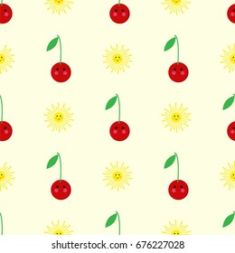 Cherry, sun, cartoon seamless childlike pattern vector