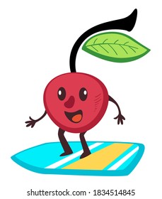 Cherry surfing on board in summertime, summer sports and healthy lifestyle activities. Berry standing on surfboard, character or mascot catching sea waves. Emoticon or sticker vector in flat