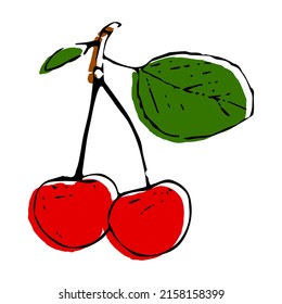 Cherry, sweet cherry. Great design for any purposes. Line art. Vintage card for decorative design. Vector hand drawing. Line drawing. Natural template design. Isolated vector.