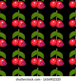 Kirschen, Süßkuss, nahtlose Vektorillustration auf schwarzem Hintergrund Lippen und Beeren, für die Gestaltung von Textilien und Oberflächen im flachen Stil