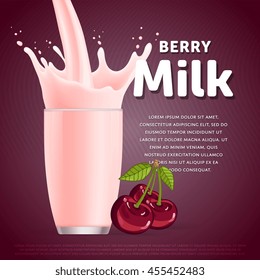 Cherry sweet milkshake fresh drink in cartoon vector illustration.