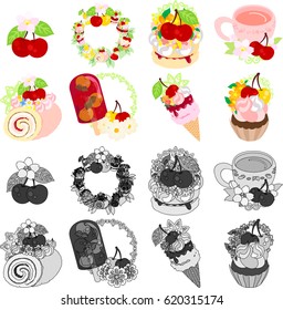 Cherry sweets icons such as cake, tea, roll, ice
