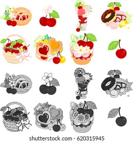The cherry sweets icons such as pie and parfait and doughnut and cookie and tart and etc