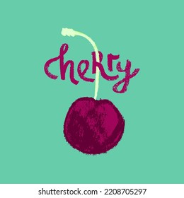 Cherry symbol. Hand drawn fruit drawing. Cherry yogurt icon of merry illustration for baby food logo, juice label design, berry sign, fruity packaging. Vector cherries sketch. Healthy food idea.