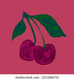 Cherry symbol. Hand drawn fruit drawing. Cherry yogurt icon of merry illustration for baby food logo, juice label design, berry sign, fruity packaging. Vector cherries sketch. Healthy food idea.