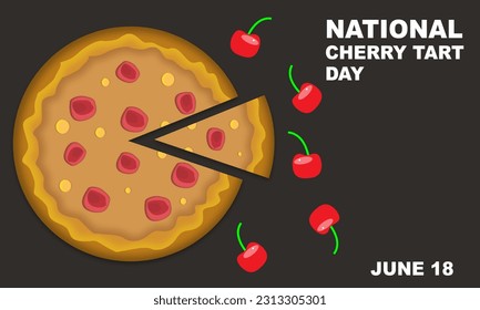 tarta de cerezo con una rebanada y fruta de cerezo en un fondo oscuro o negro y texto en negrita conmemorando el Día Nacional del Arte del Cerezo el 18 de junio
