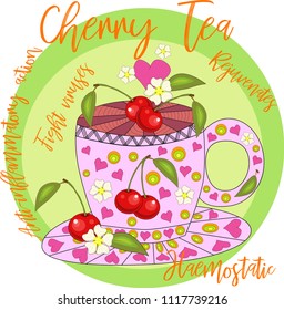 Cherry tea. Tea cooked with love. A cup with cherry berries, decorated with leaves and flowers, inscriptions on the utility