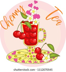 Cherry tea. Tea cooked with love. A tall glass for mulled wine with berries of cherry, decorated with leaves and flowers, inscriptions about utility