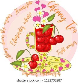 Cherry tea. Tea cooked with love. A tall glass for mulled wine with berries of cherry, decorated with leaves and flowers, inscriptions about utility