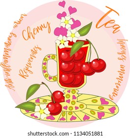 Cherry tea. Tea cooked with love. A tall glass for mulled wine with berries of cherry, decorated with leaves and flowers, inscriptions about utility