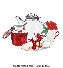Cherry, tea, cups, teapot, lemons, cookies, midnight desserts - cupcake, toast, jam. Summer vitamins. Cake and jam with fresh fruit. Food and diets, special menu. Vector illustration, menu, logo.