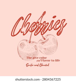 Cherry Tee Shirt Design. hand Drawing Cherry Artwork. summer fruit print design. kid's, girl, women, clothing prints 