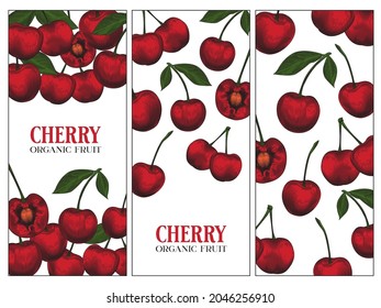 Cherry template design, Hand Draw, Vector, Engraved illustration, Berry Fruit, Fruit frame, botanical banner, Lines and colors are clearly separated, isolate on white background, ready to be used