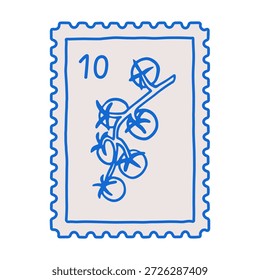 Cherry Tomaten Zweig, Briefmarke, Marke Design in italienischem Doodle Dolce Vita Stil. Postkarte, Poststempel mit Landwirtschaftsbetrieb, Skizzenzeichnung, perforierte Kanten. Flache Vektorgrafik
