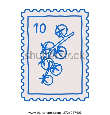Cherry tomato branch, postal stamp, mark design in Italian doodle dolce vita style. Post card, postmark with agriculture plant, sketch drawing, perforated edges. Flat vector illustration